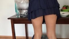 Brunette Teen Shakes Her Huge Ass-Hole Breakfast Time In Mini Skirt Upskirt View!