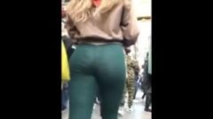 Enormous Ass-Hole Golden-haired Young Flashes Us Her Thong Through Her Tight Green Leggings !